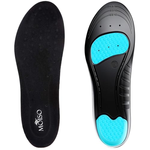 MOISO Solette ortopediche in memory foam con supporto per arco plantare, comode solette ammortizzanti per uomini e donne, stivali o scarpe da lavoro (uomo 7,5-10 o donna 40-42) - Design e materiali
